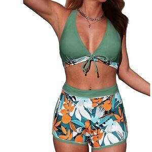 Floral Green and Orange Halter Swim Suit Bikini Set